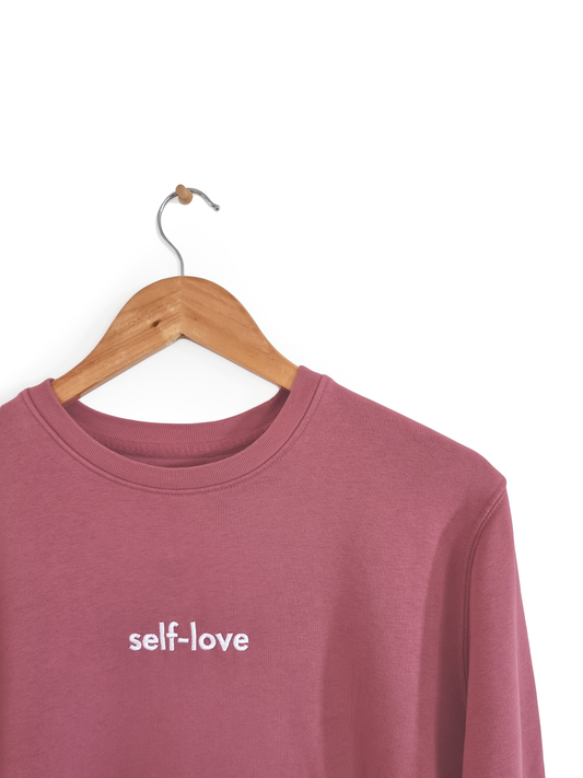 Ethical and sustainable, organic and recycled sweatshirt / sweater in mauve / pink / purple with embroidered self-love design for yoga, gym, or lounge wear. 