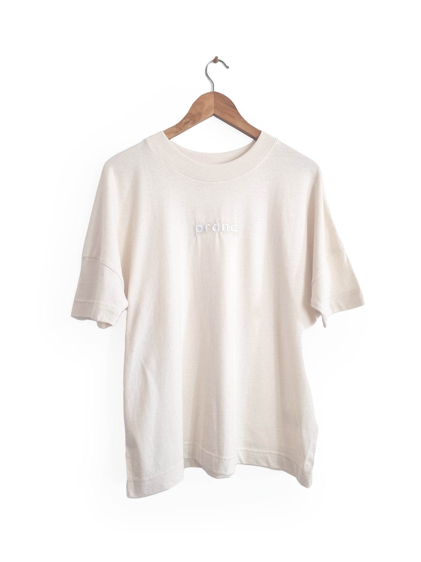Ethical and sustainable, natural raw organic cotton tee / t shirt with embroidered prana design for yoga, gym, or lounge.
