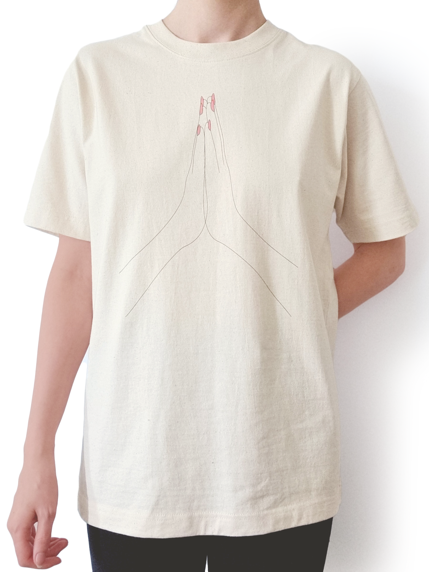 Ethical and sustainable, natural raw organic cotton tee / t shirt with a printed namaste / spiritual / prayer design for yoga, gym, or lounge wear.